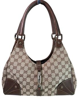 Gucci Brown Monogram Canvas jackie Shoulder Bag with Dark Brown Leather Trim